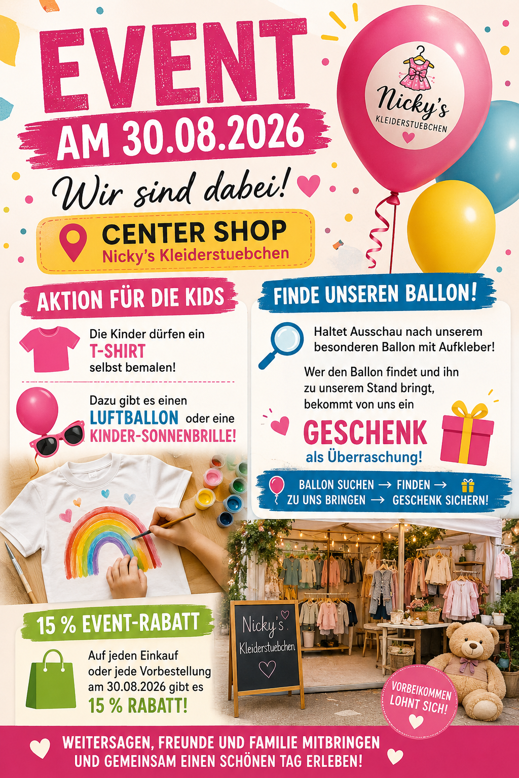 Event-Flyer: Nicky's Kleiderstuebchen am 30.08.2026 im Center Shop mit Kids-Aktion, Ballon-Suche und 15 % Rabatt