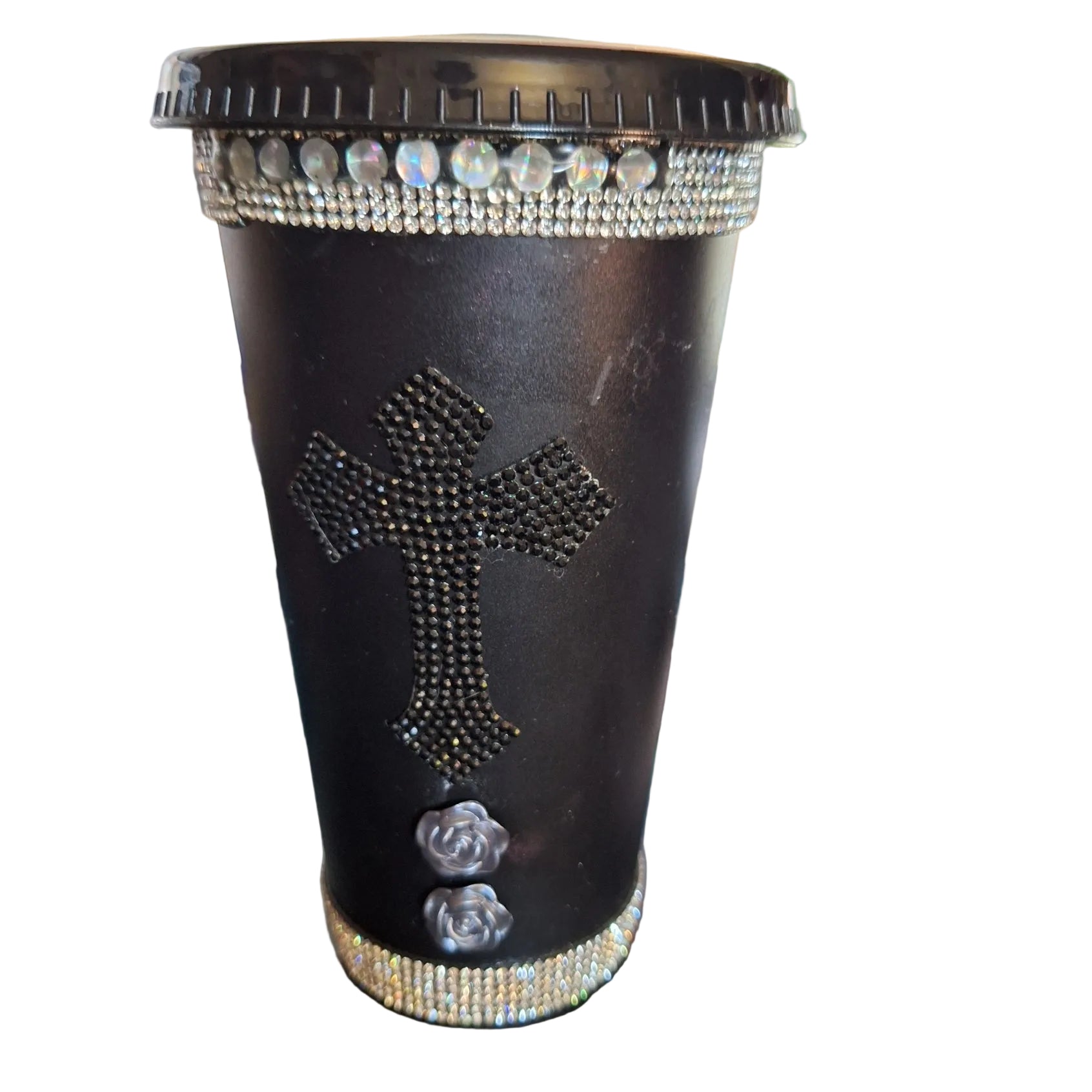 Schwarzer Becher mit Kreuz & Strass-Verzierung