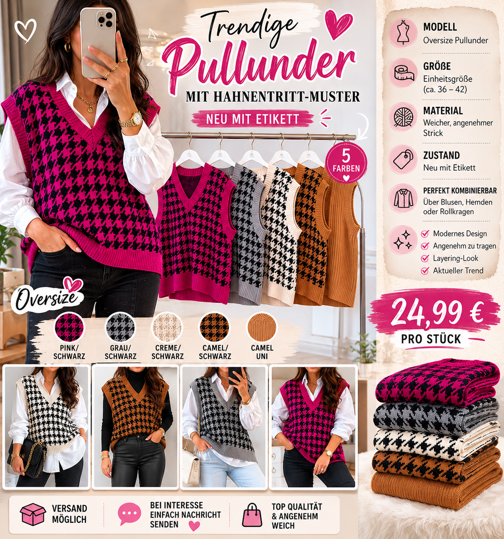 Trendiger Oversize Pullunder mit Hahnentritt-Muster