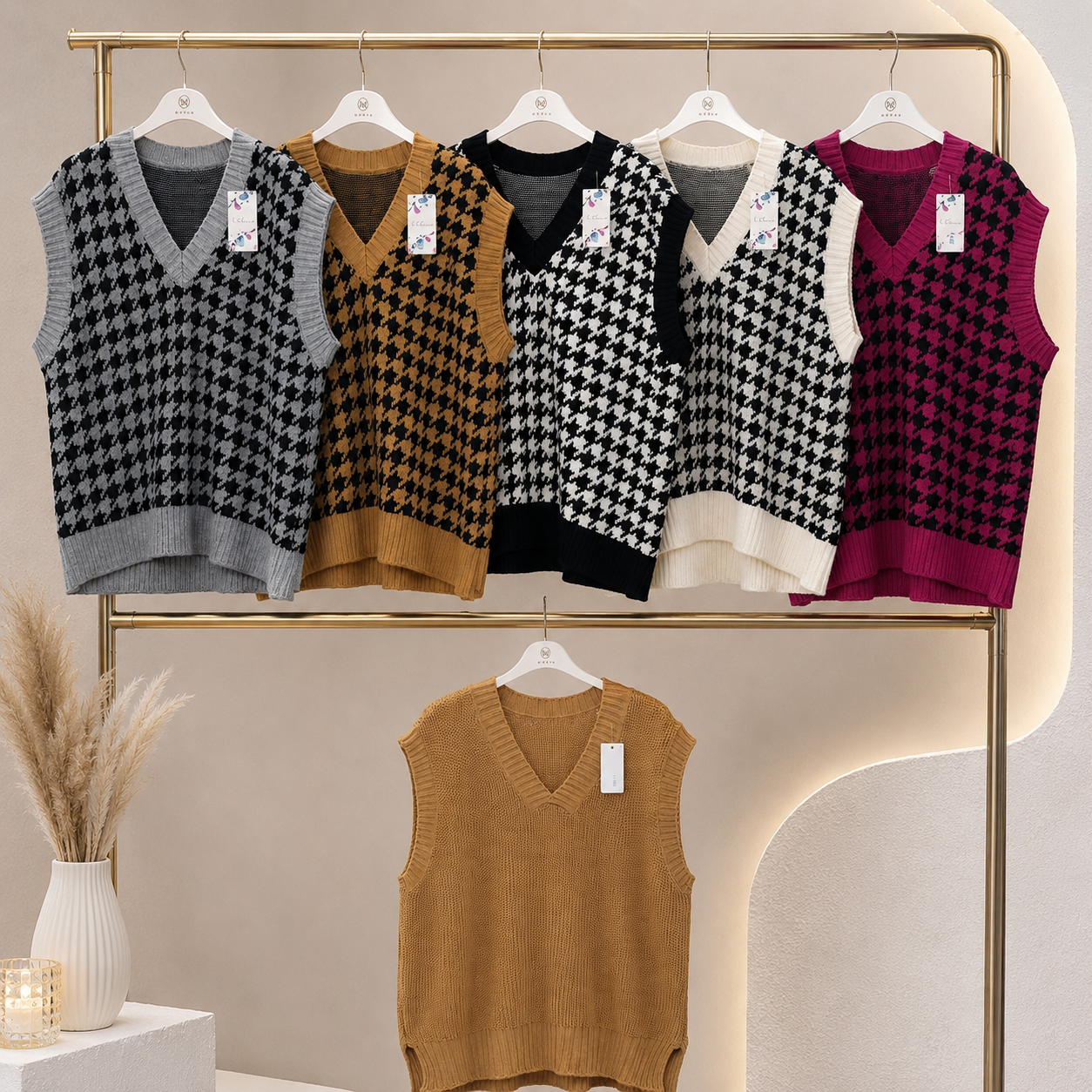 Trendiger Oversize Pullunder mit Hahnentritt-Muster