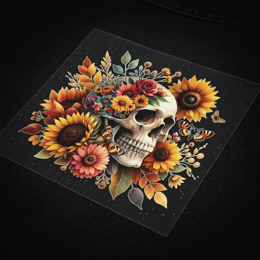 Bügelbild Totenkopf Sonnenblumen optimiert