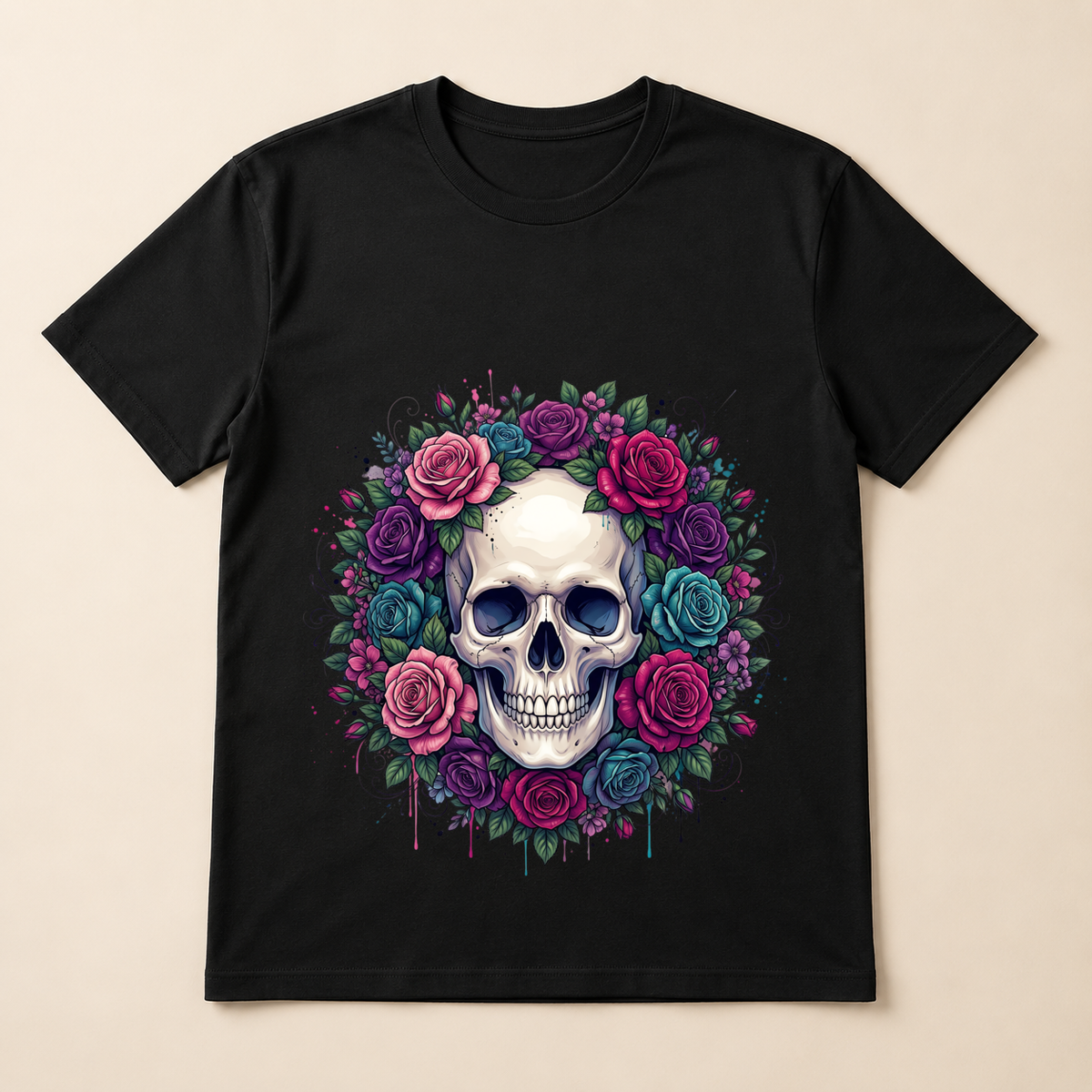 Floral Skull Bügelbild mit bunten Rosen als Vorschau auf schwarzem T-Shirt