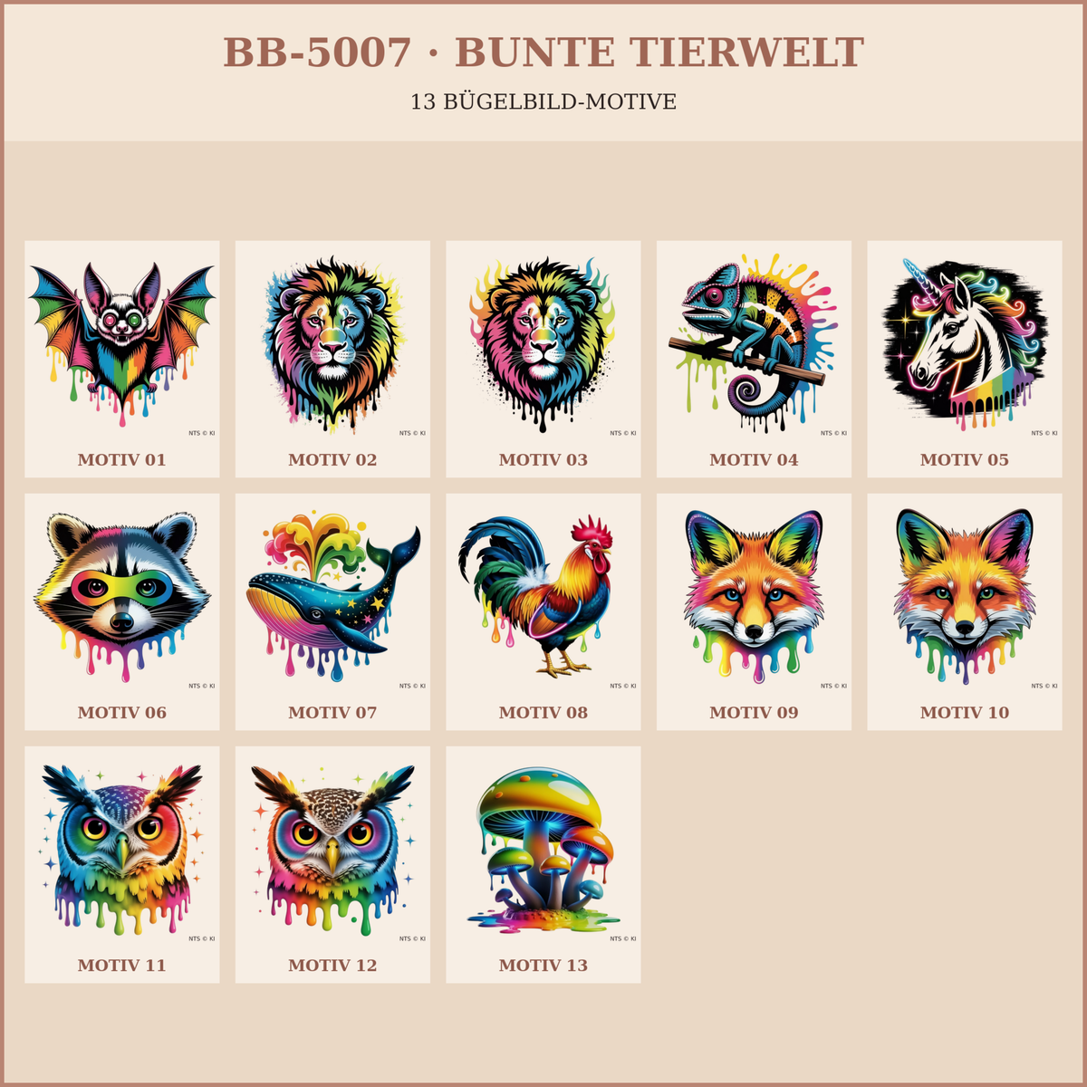 BB-5007 Bunte Tierwelt – Übersicht mit 13 Bügelbild-Motiven
