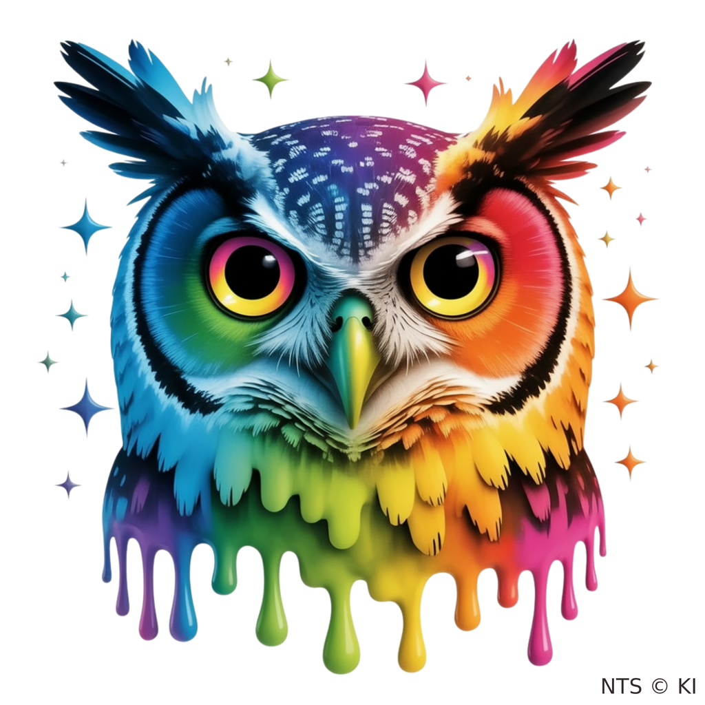 Regenbogen-Eule in Blau – BB-0032 Bügelbild