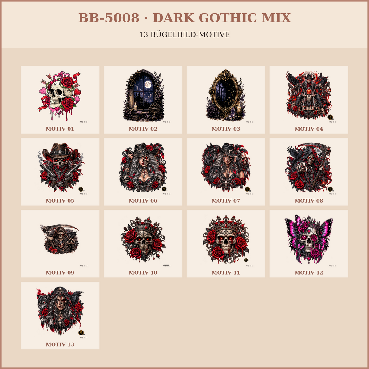 BB-5008 Dark Gothic Mix – Übersicht mit 13 Bügelbild-Motiven