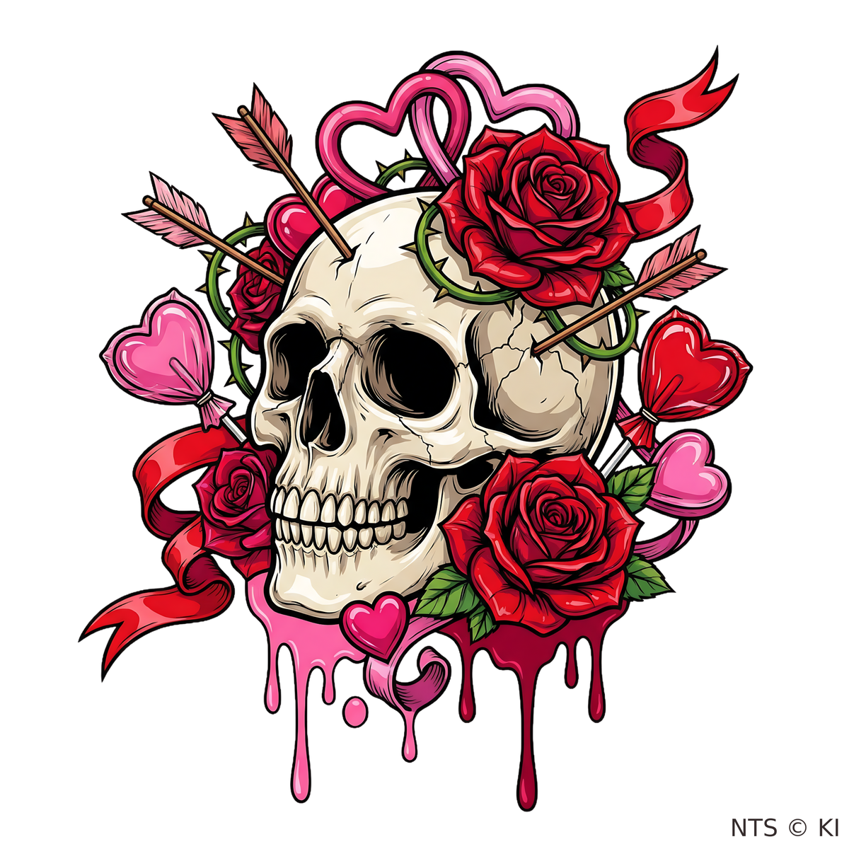 Totenkopf mit Herzen, Rosen und Pfeilen – BB-0035 Bügelbild