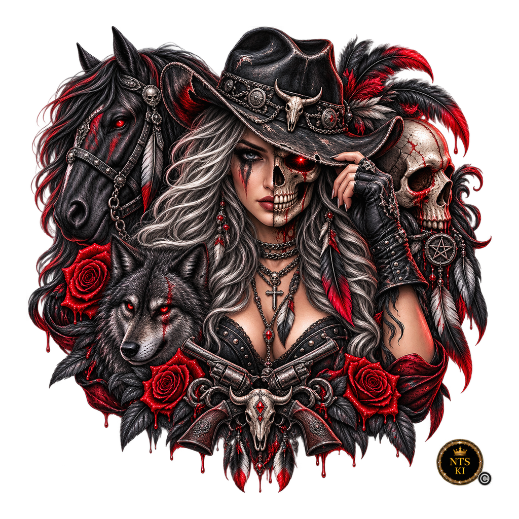 Cowgirl mit Wolf und Pferd – BB-0041 Bügelbild