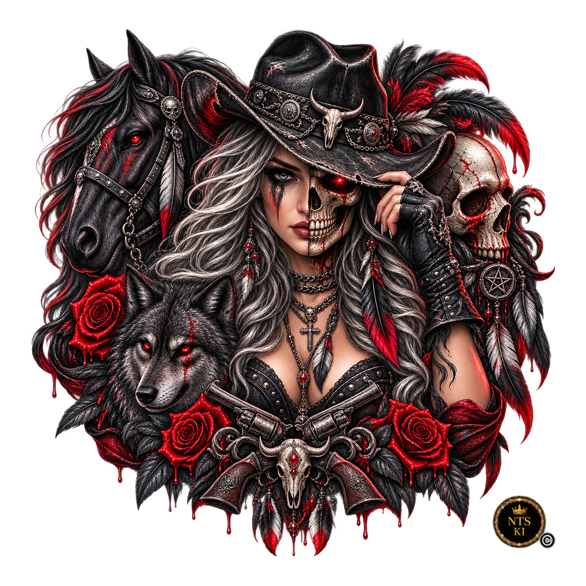 Cowgirl mit Wolf und Pferd – BB-0041 Bügelbild
