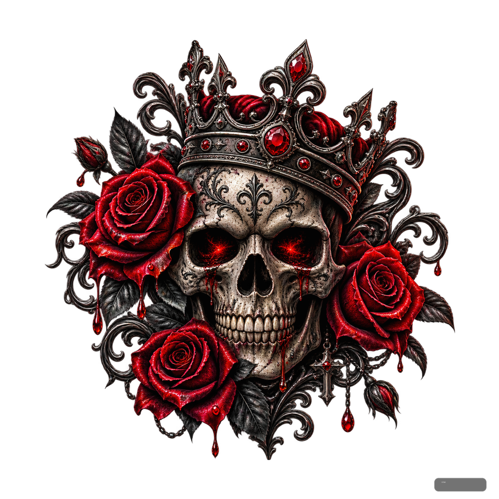 Totenkopf mit Krone und Rosen – BB-0044 Bügelbild