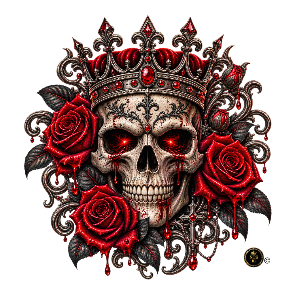 Totenkopf mit Krone, Rosen und Ornament – BB-0045 Bügelbild