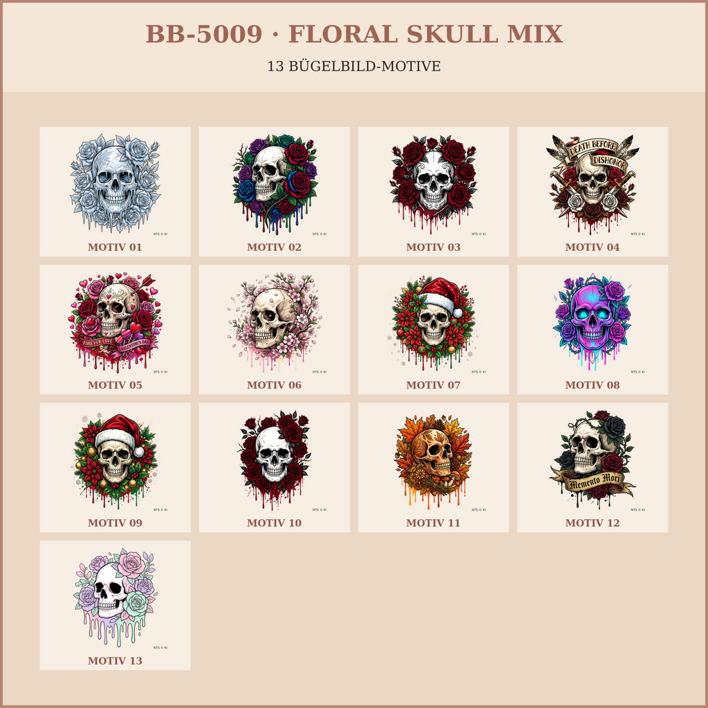 BB-5009 Floral Skull Mix – Übersicht mit 13 Bügelbild-Motiven
