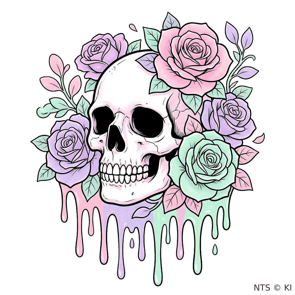 Pastell-Rosen-Totenkopf – BB-0060 Bügelbild