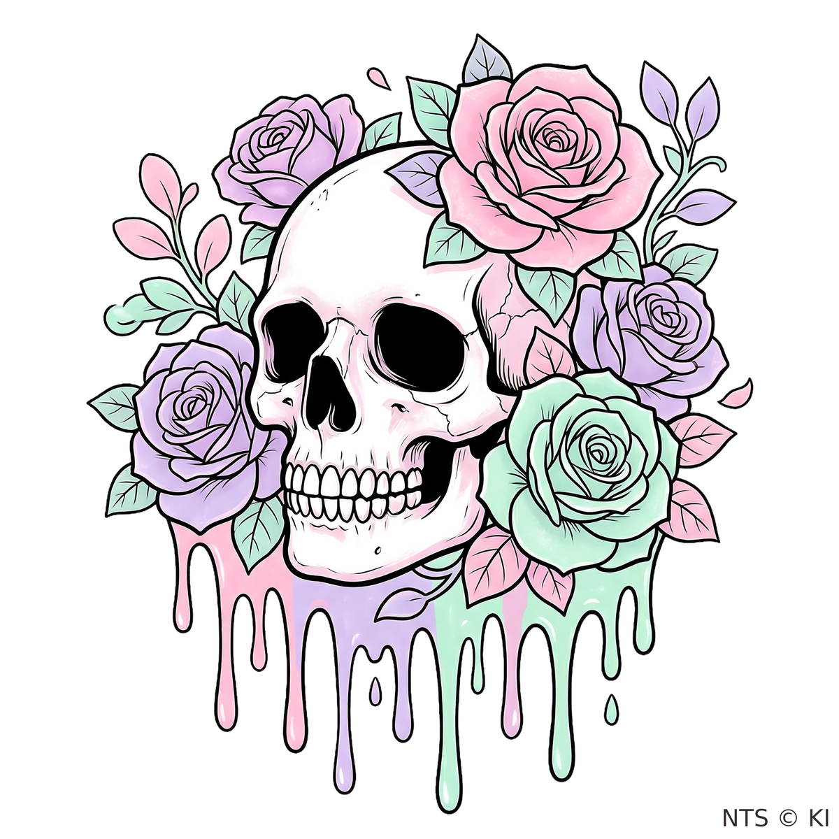 Pastell-Rosen-Totenkopf – BB-0060 Bügelbild