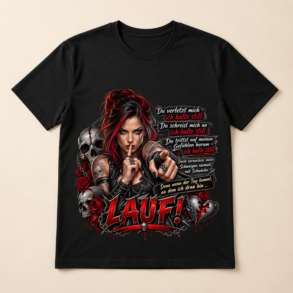 Bügelbild Laut Gothic Statement als Vorschau auf schwarzem T-Shirt