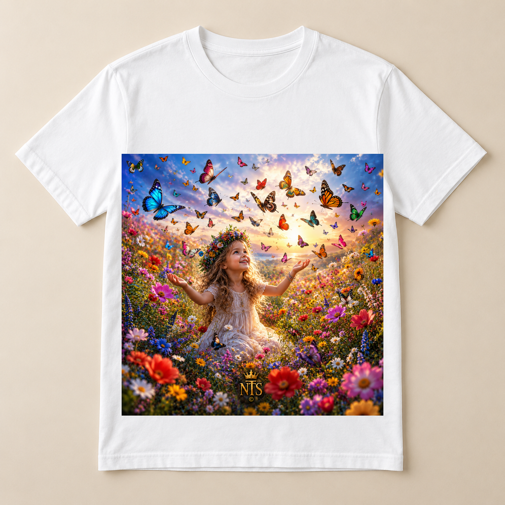 Mädchen im Blumenmeer mit Schmetterlingen als Vorschau auf weißem T-Shirt