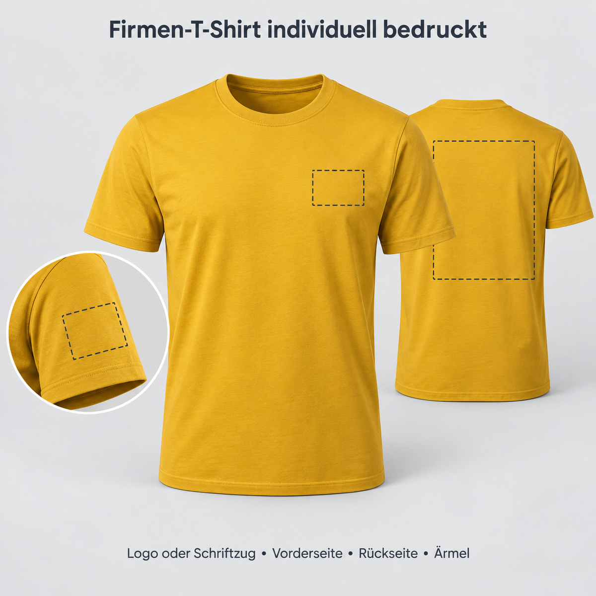 Firmen-Shirt Musterpaket mit Druckpositionen vorne, hinten und am Ärmel