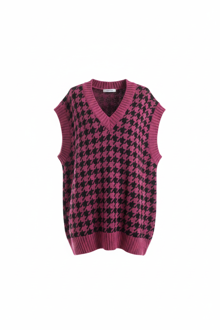 Oversize Pullunder Hahnentritt Magenta/Schwarz