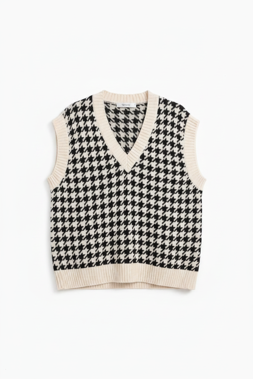 Oversize Pullunder Hahnentritt Creme/Schwarz