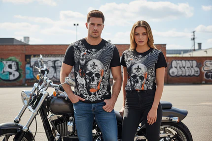 Angel Shirt Skull Orange Bling Bling – Mann und Frau tragen schwarzes T-Shirt mit Skull-Design