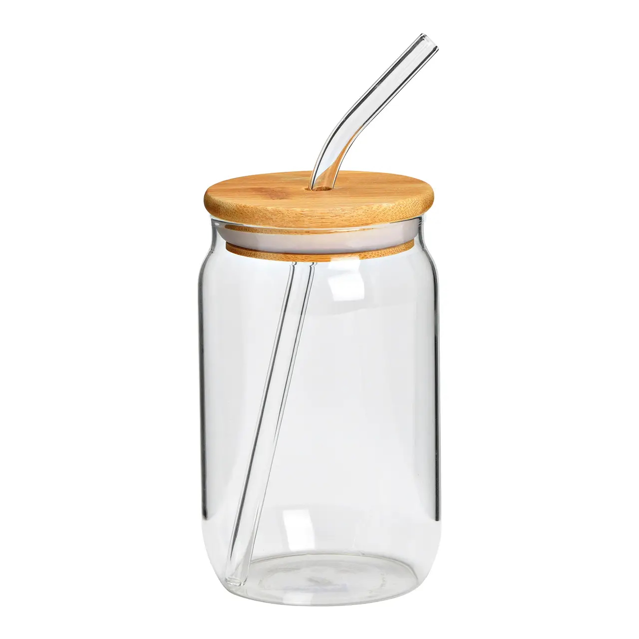 Trinkglas mit Bambusdeckel und Glasstrohhalm, transparent, 350ml