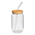 Trinkglas mit Bambusdeckel und Glasstrohhalm, transparent, 470ml