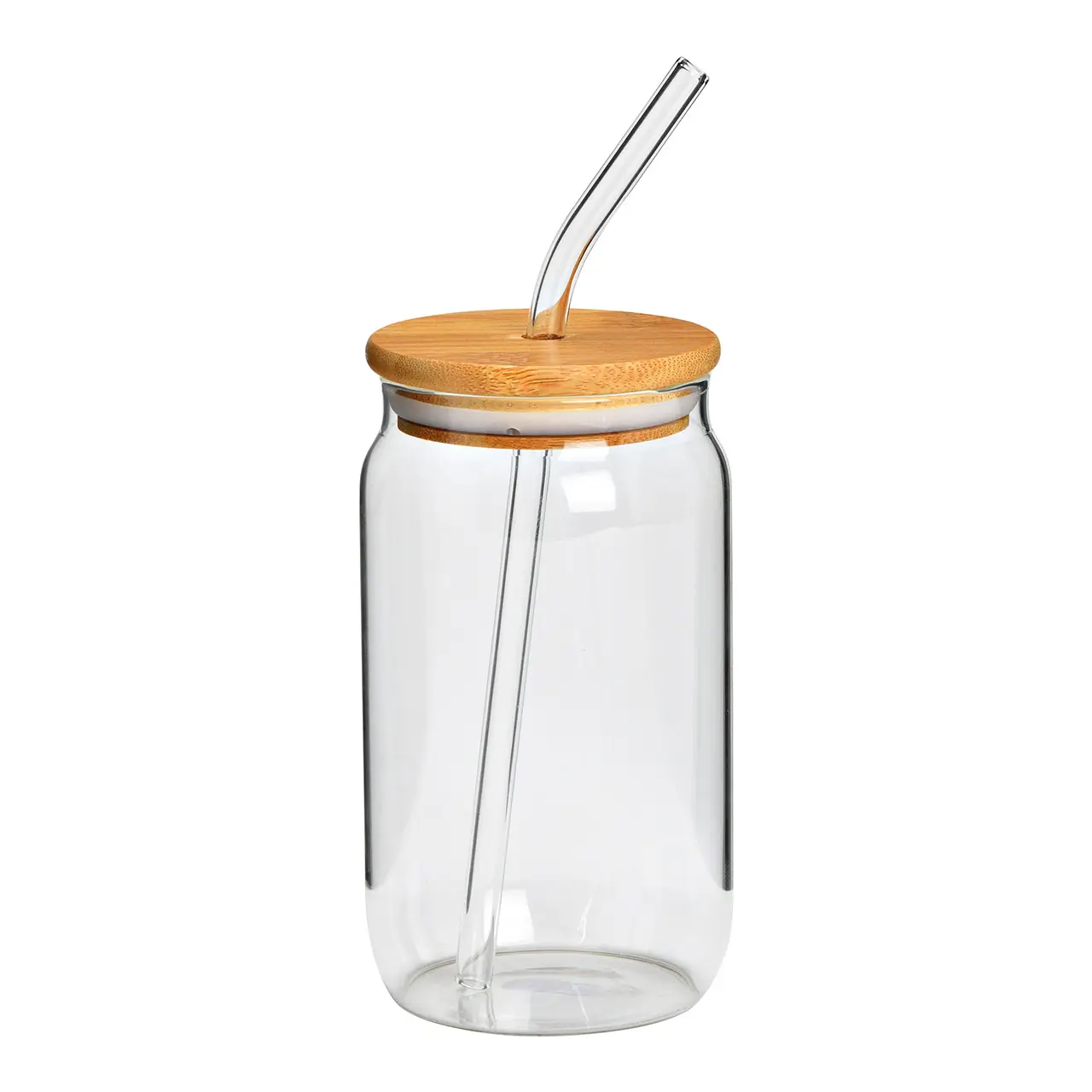 Trinkglas mit Bambusdeckel und Glasstrohhalm, transparent, 470ml