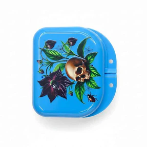 Zahnspangen-Dose Blau Totenkopf mit Blumen