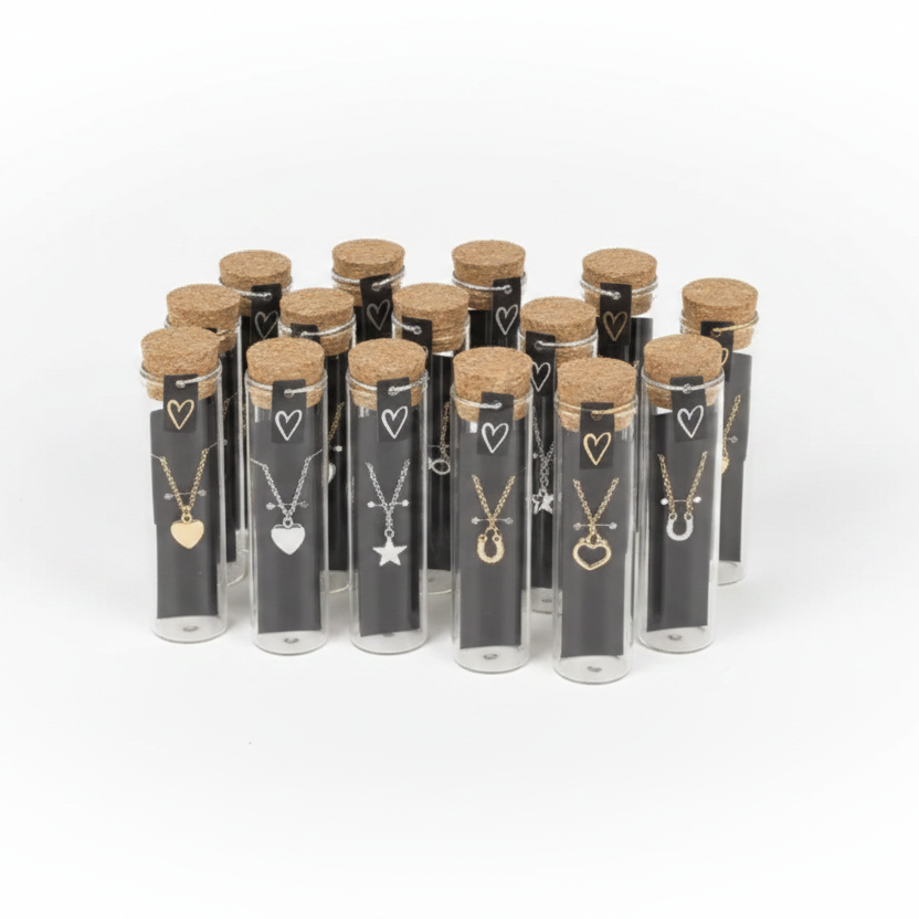 Halskette in Glasflasche mit Korkdeckel, verschiedene Motive