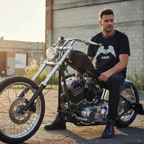 Angel Shirt Frontansicht – Mann auf Motorrad mit Angel Shirt