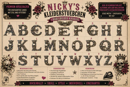 Nicky's Kleiderstübchen Bügelbilder Katalog – Alphabet A-Z Totenkopf Rockabilly Style