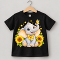 Schwarzes Kinder-T-Shirt Größe 86 mit Elefant, Sonnenblumen und Schmetterling