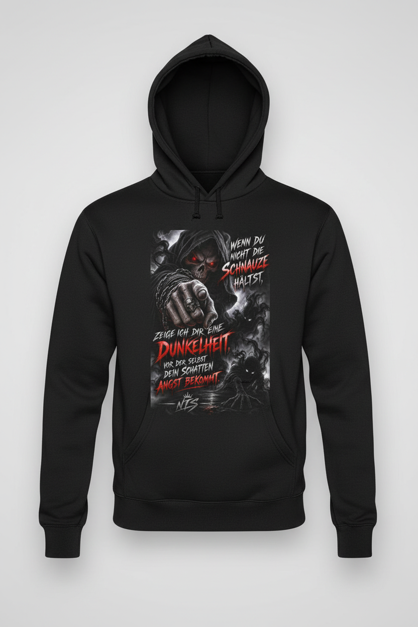 Mockup – Sensenmann Dunkelheit auf schwarzem Hoodie