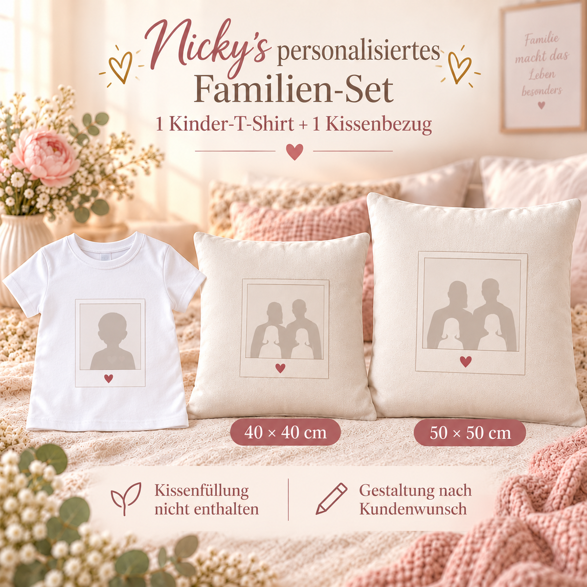 Nicky’s personalisiertes Familien-Set mit Kinder-T-Shirt und Kissenbezug ohne festes Standardmotiv