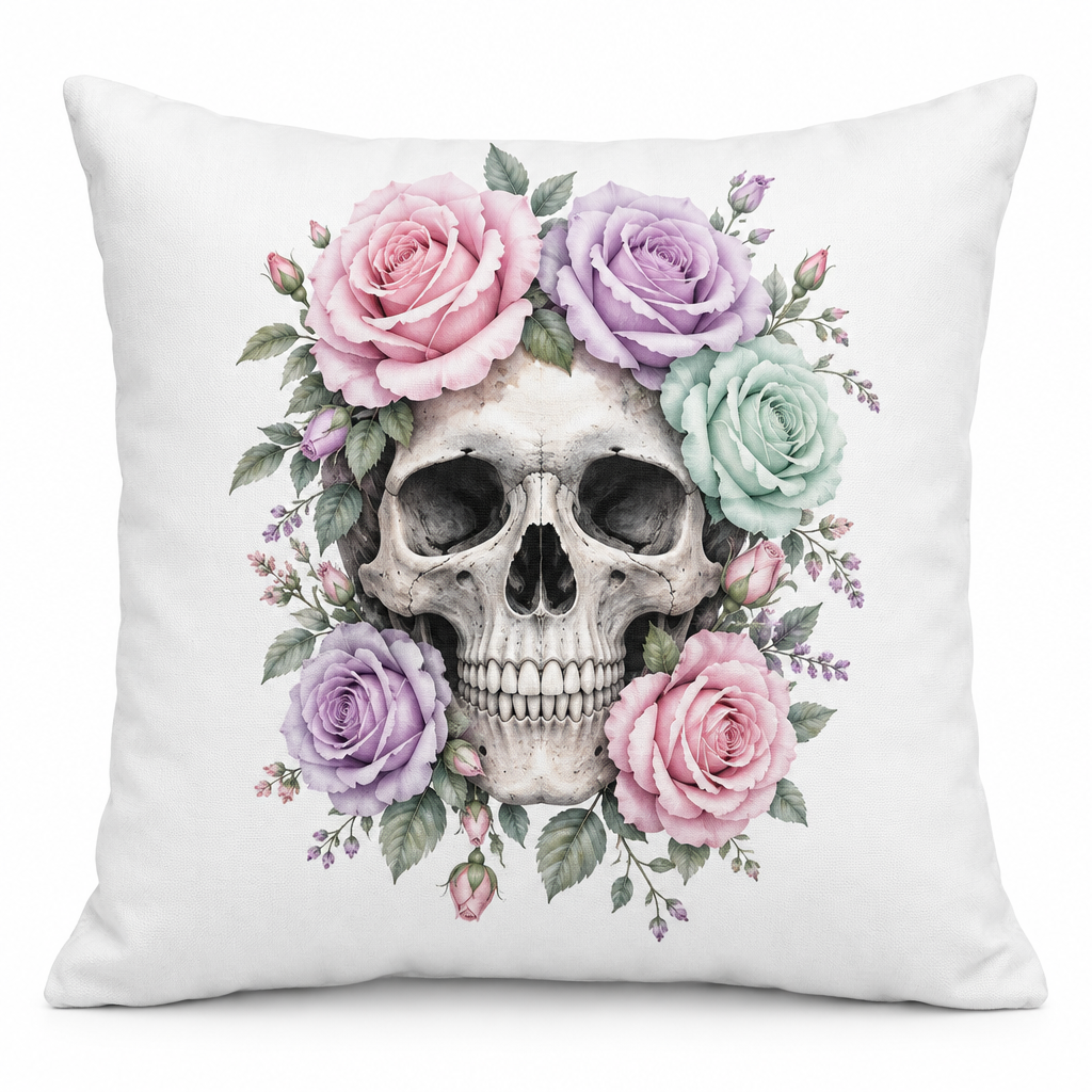 Pastell-Rosen-Totenkopf – Kissen Weiß