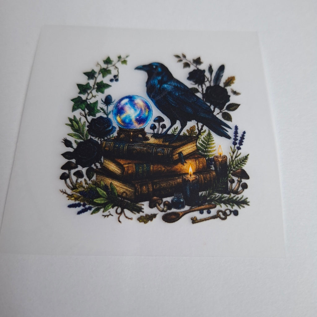 Rabe mit Kristallkugel und Büchern – BB-0075 Bügelbild