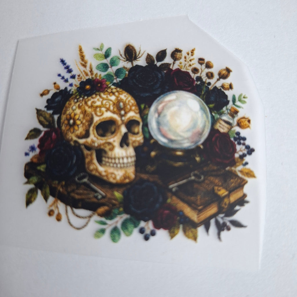 Totenkopf mit Kristallkugel und Büchern – BB-0101 Bügelbild