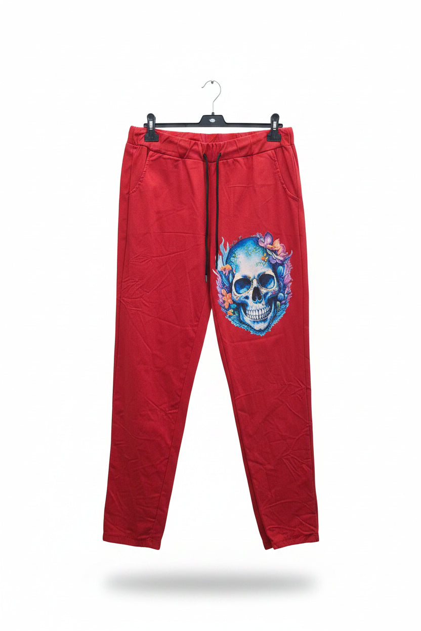Rote Hose mit Totenkopf-Blumen-Druck – Unikat
