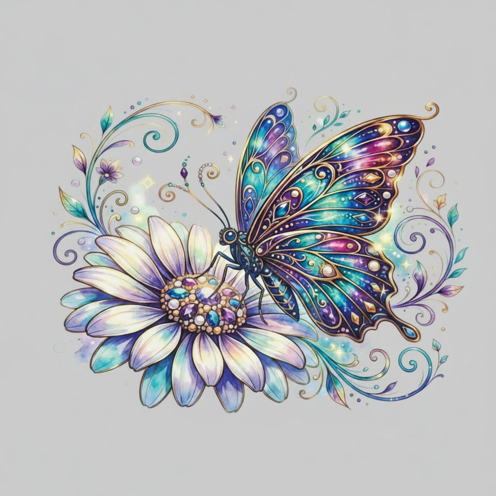 Galaktischer Schmetterling auf Blume mit Edelstein – BB-0119 Bügelbild