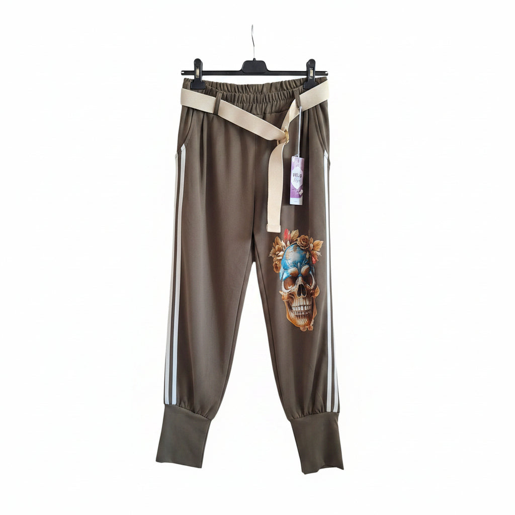 Mya Fabbricato Hose Army-Grün | Totenkopf & Rosen – Unikat aus Italien