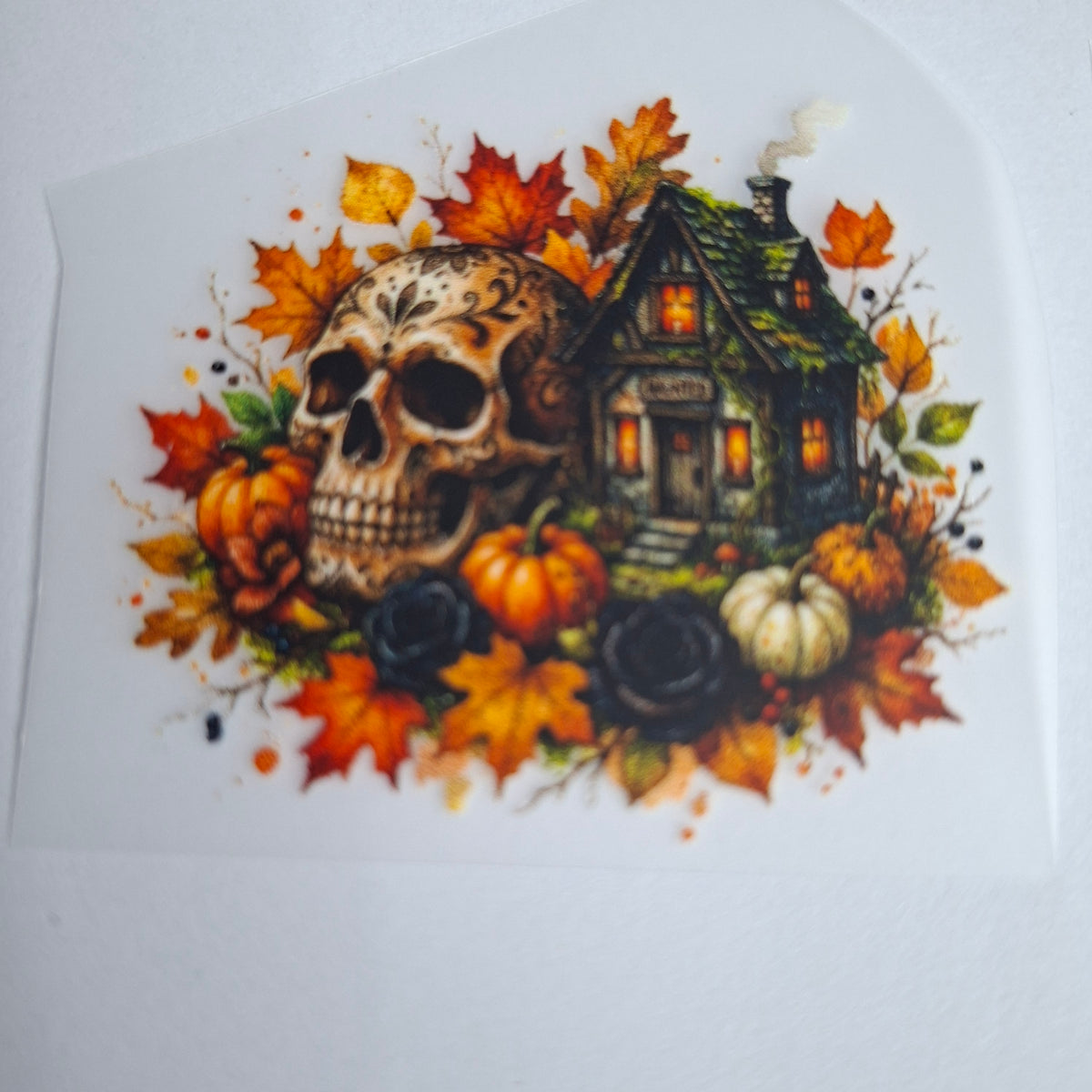 Totenkopf vor Herbsthaus – BB-0109 Bügelbild